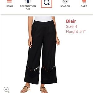 Susan Graver Black Pants with Crochet Cutout Detail at Hem Size 6